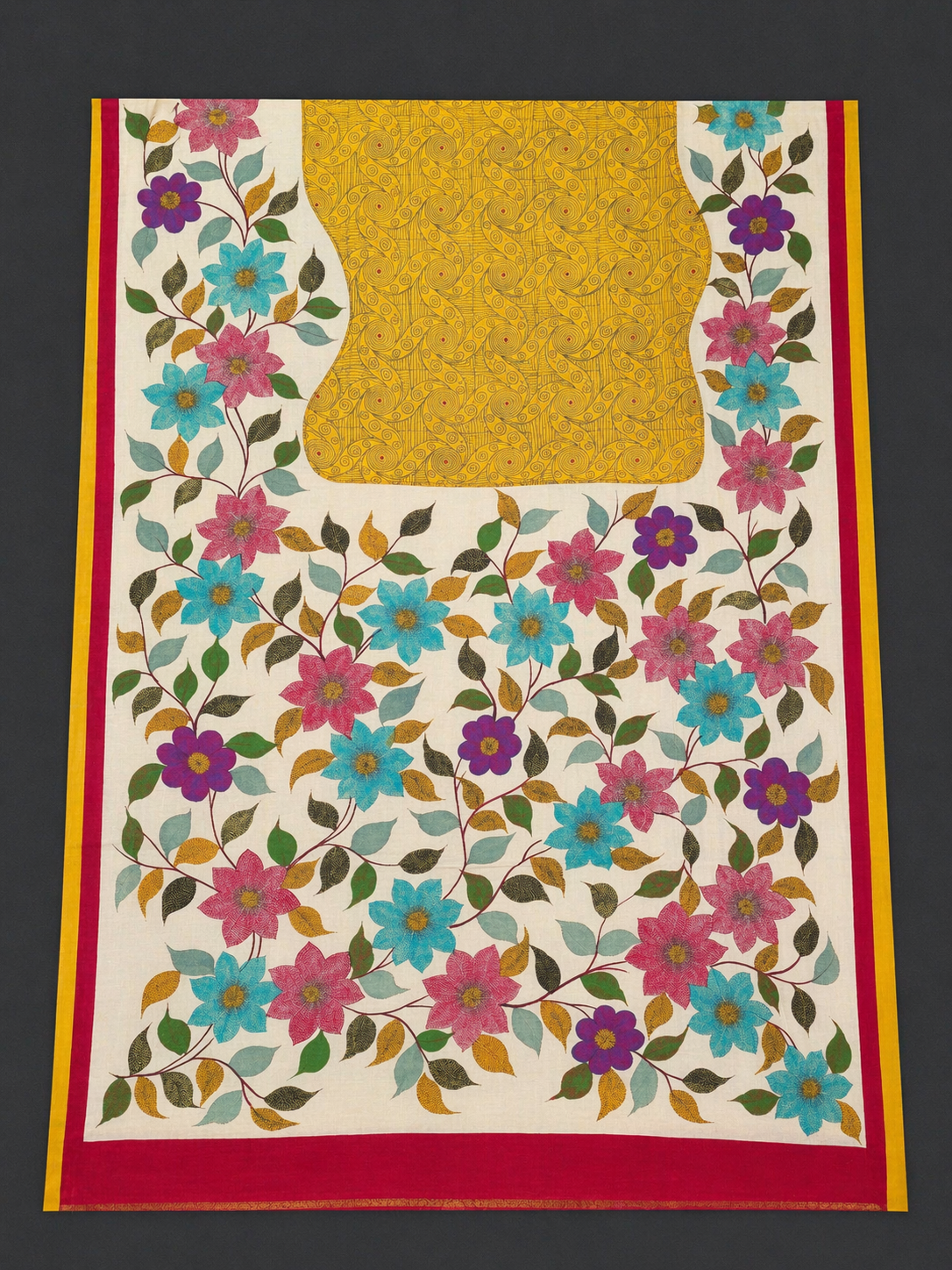 Megharang: Yellow Block Print Kantha Tussar Silk Saree