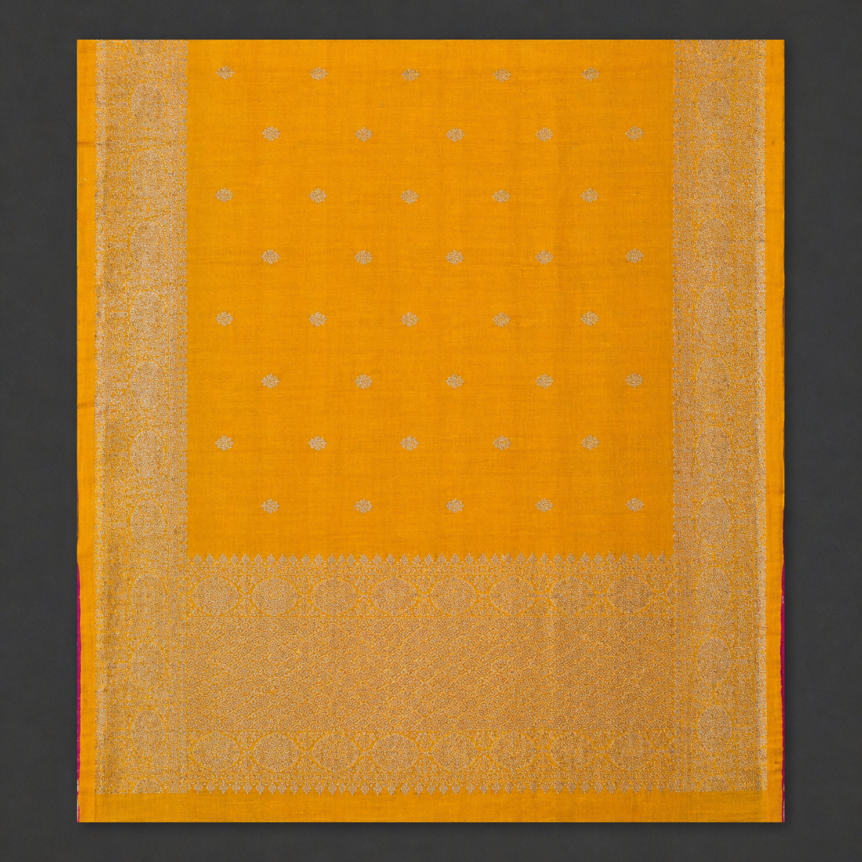 Sunehra: Yellow Handwoven Silk Saree with Pink Contrast Blouse.