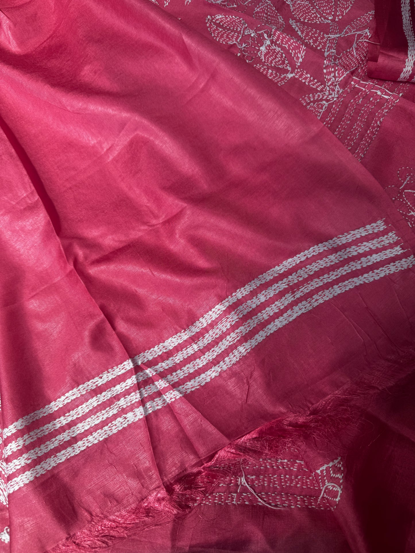 Unwritten Poetry: Pink Kantha-Embroidered Semi-Silk Saree
