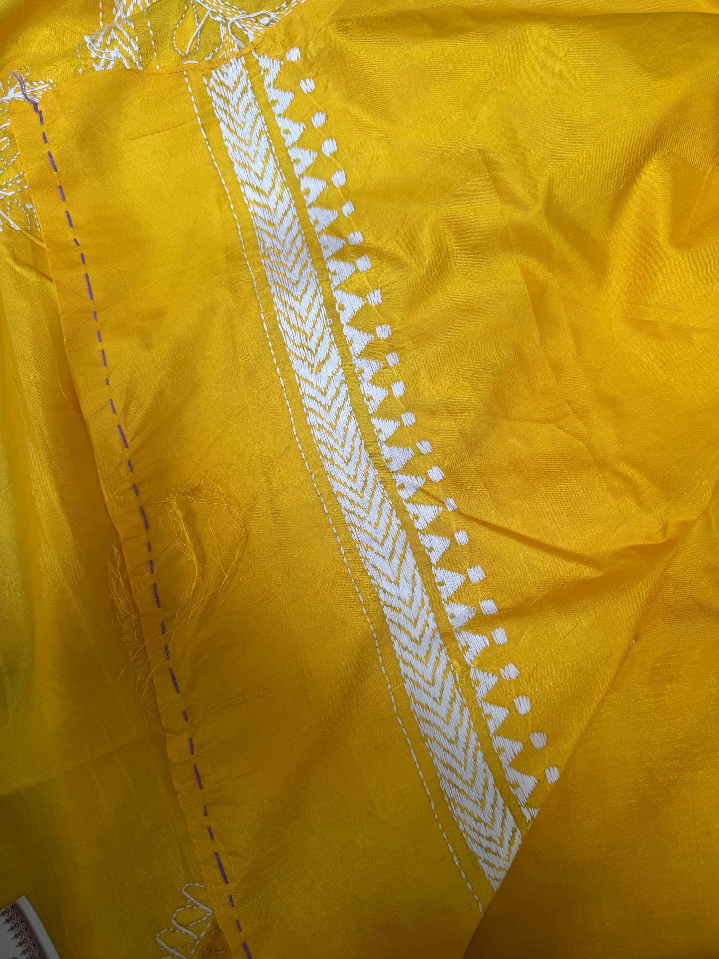 Sunshine: Yellow Kantha Embroidered Semi-Silk Saree