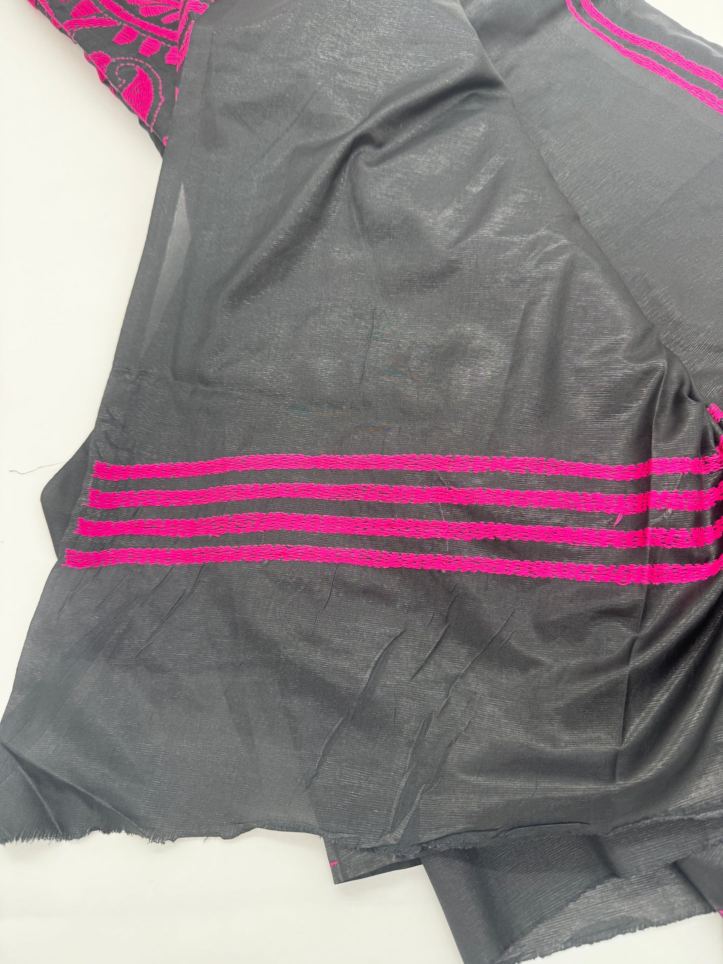 Raatrani: Black and Pink Embroidered Semi-Silk Saree