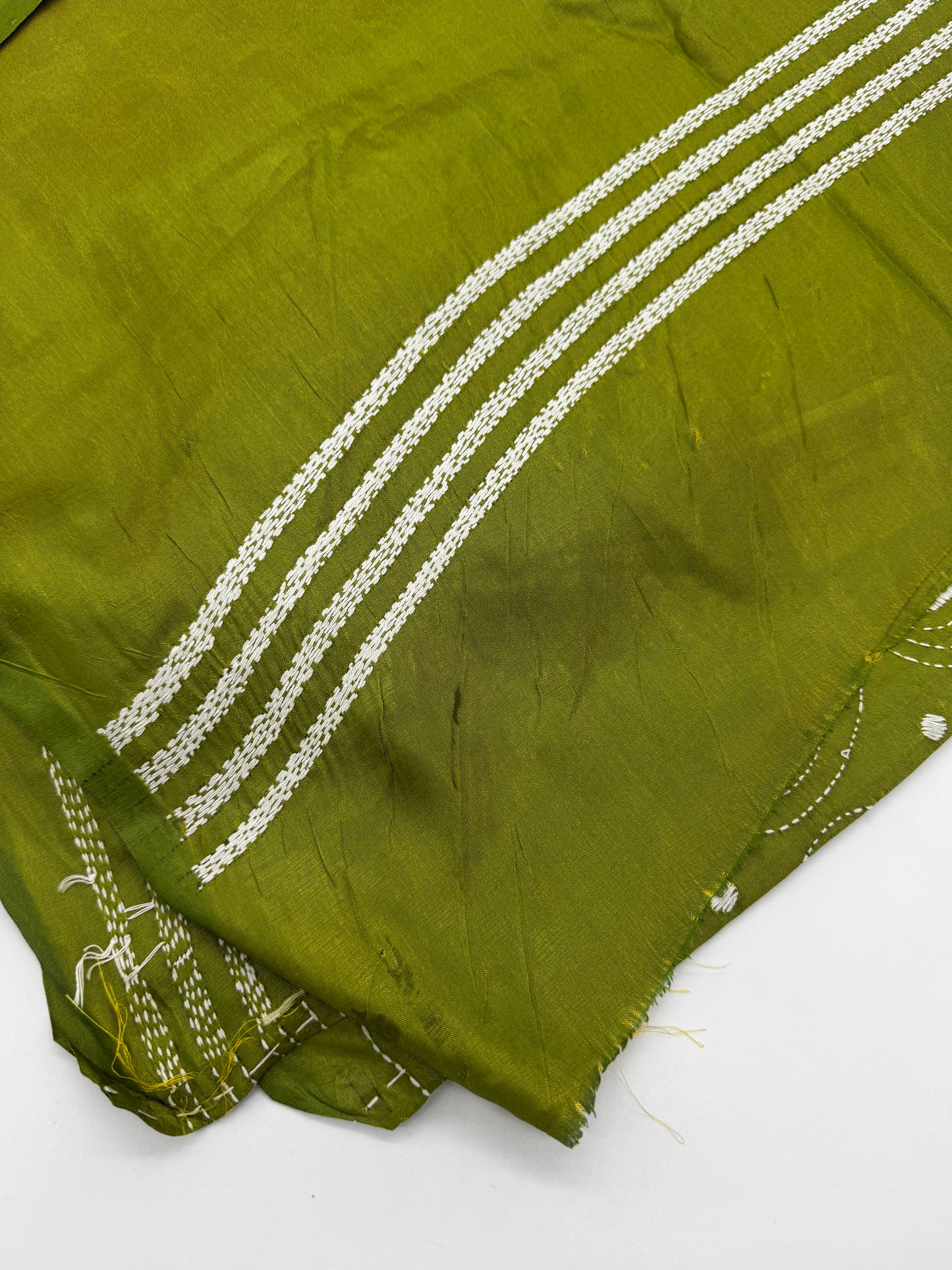 Verdant: Green Kantha Embroidered Semi-silk Saree
