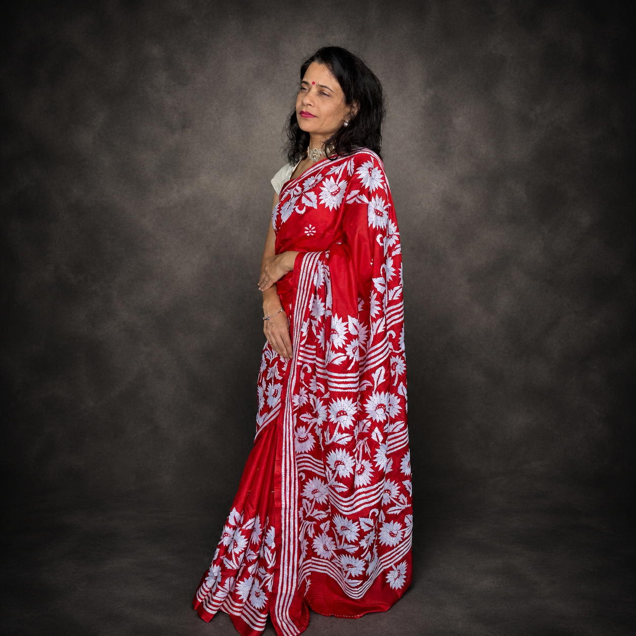 Scarlet: Red Kantha Art Silk Saree