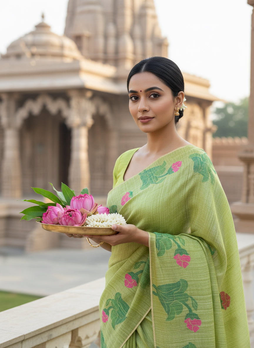 Parijat: Green Matka Silk Saree with Translucent Muslin Pallu