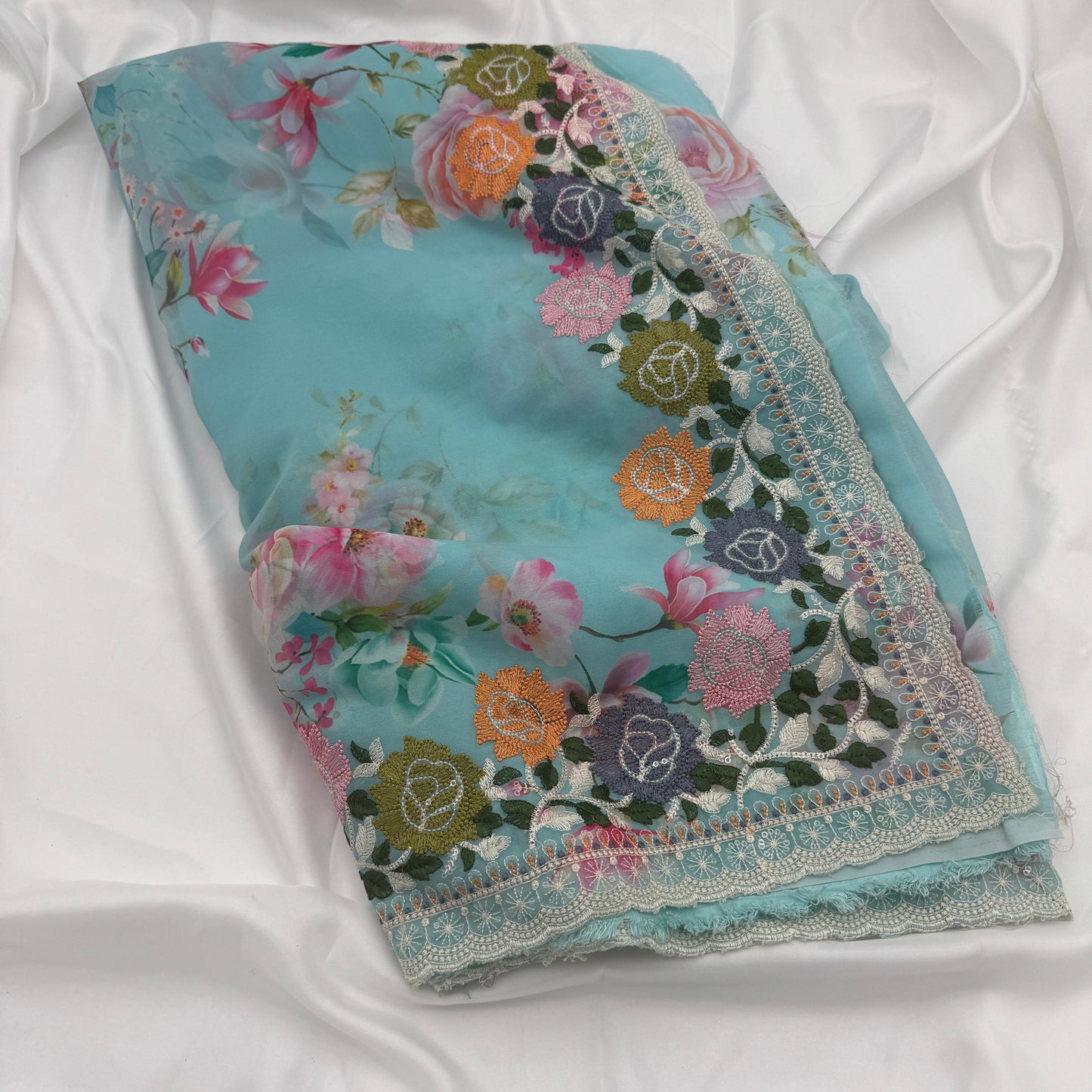 Blue Floral-print Saree with Embroidery