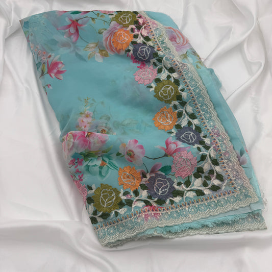 Blue Floral-print Saree with Embroidery