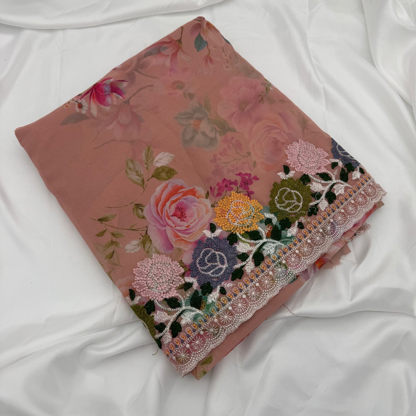 Pink Floral-Print Embroidery Saree