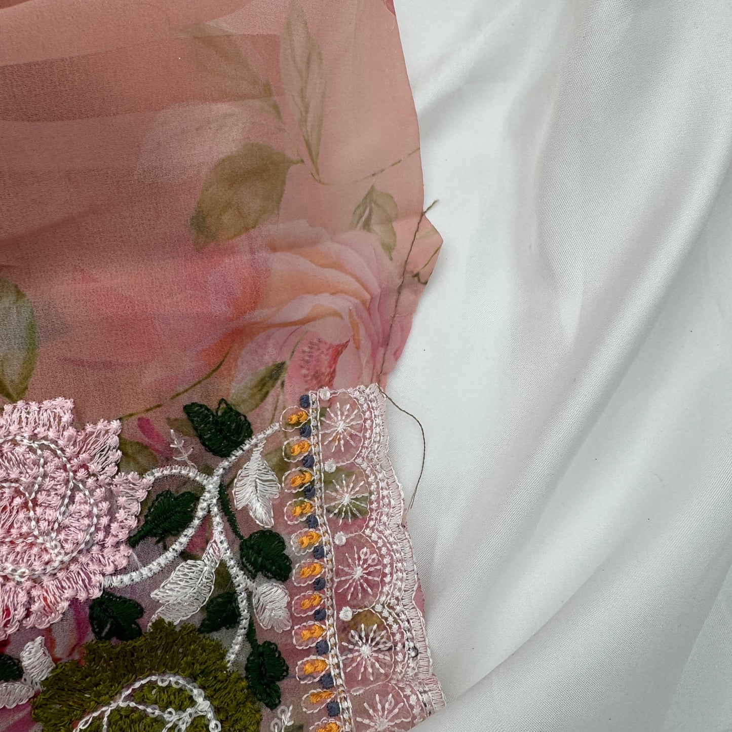 Pink Floral-Print Embroidery Saree