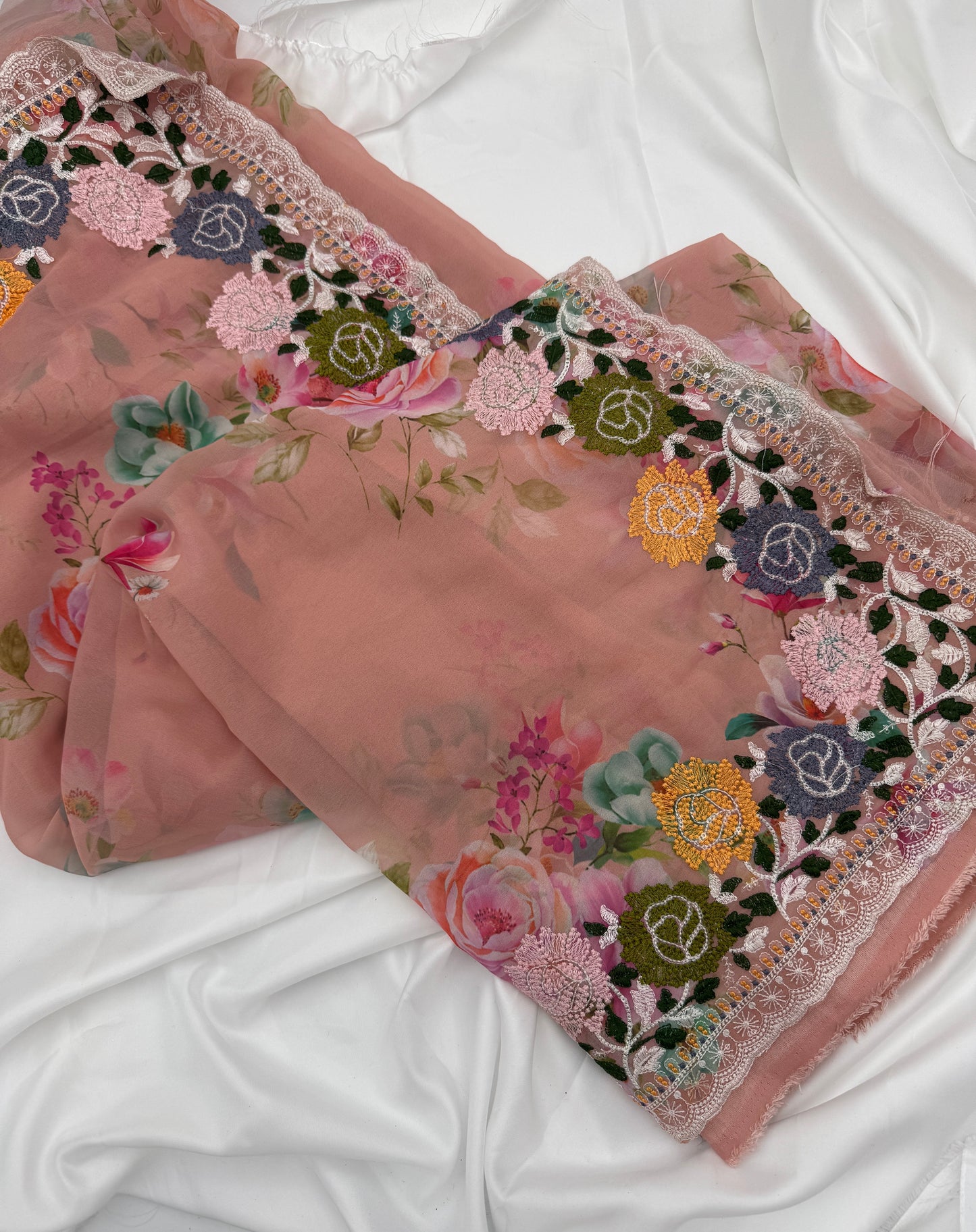 Pink Floral-Print Embroidery Saree