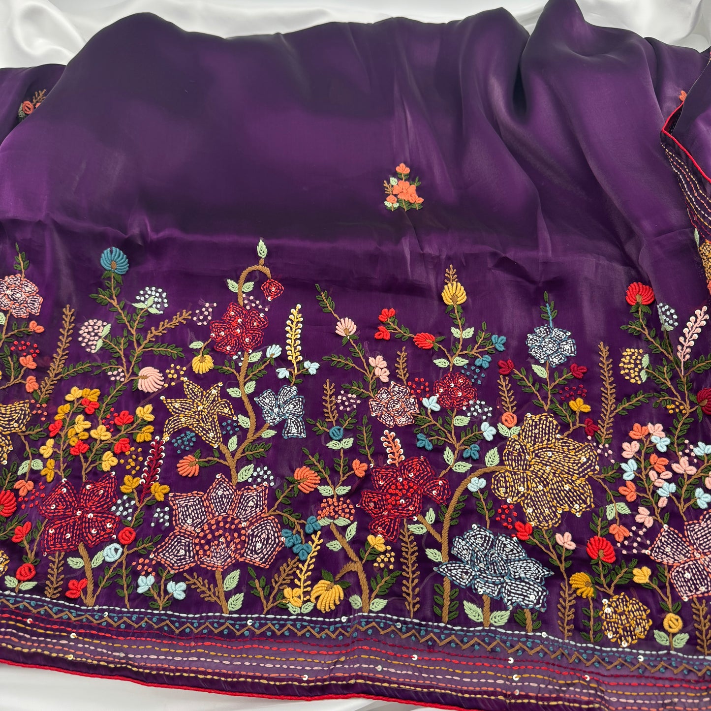 Purple Saree with Hand-Embroidery