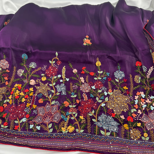 Purple Saree with Hand-Embroidery