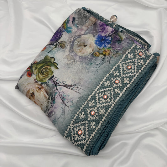 Grey Floral Saree with Hand-Embroidery