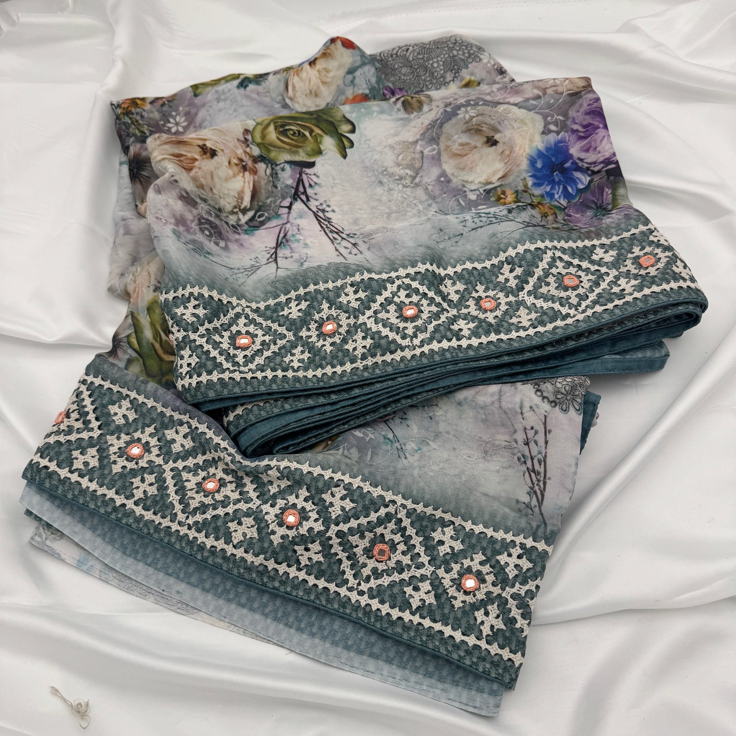 Grey Floral Saree with Hand-Embroidery