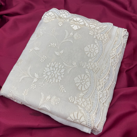 White Georgette Saree with White Embroidery