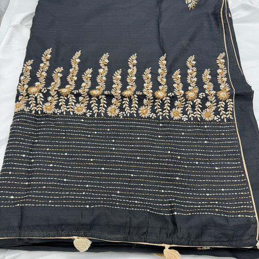 Black Semi-Tussar Embroidered Saree
