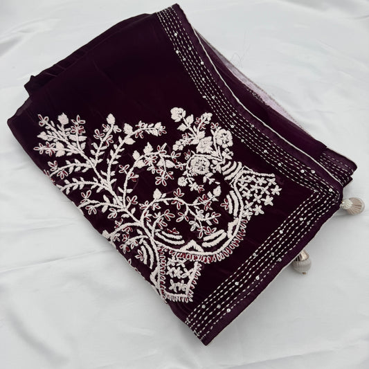 Maroon JimmyChoo Hand-Embroidered Saree