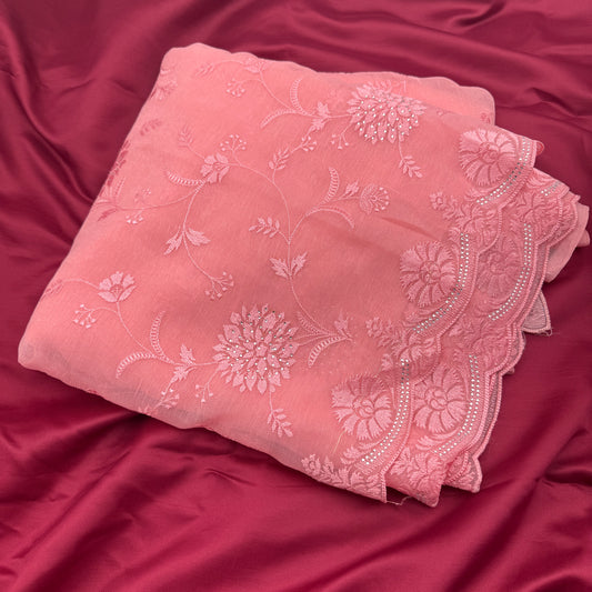 Pink Georgette Self-Embroidered Saree