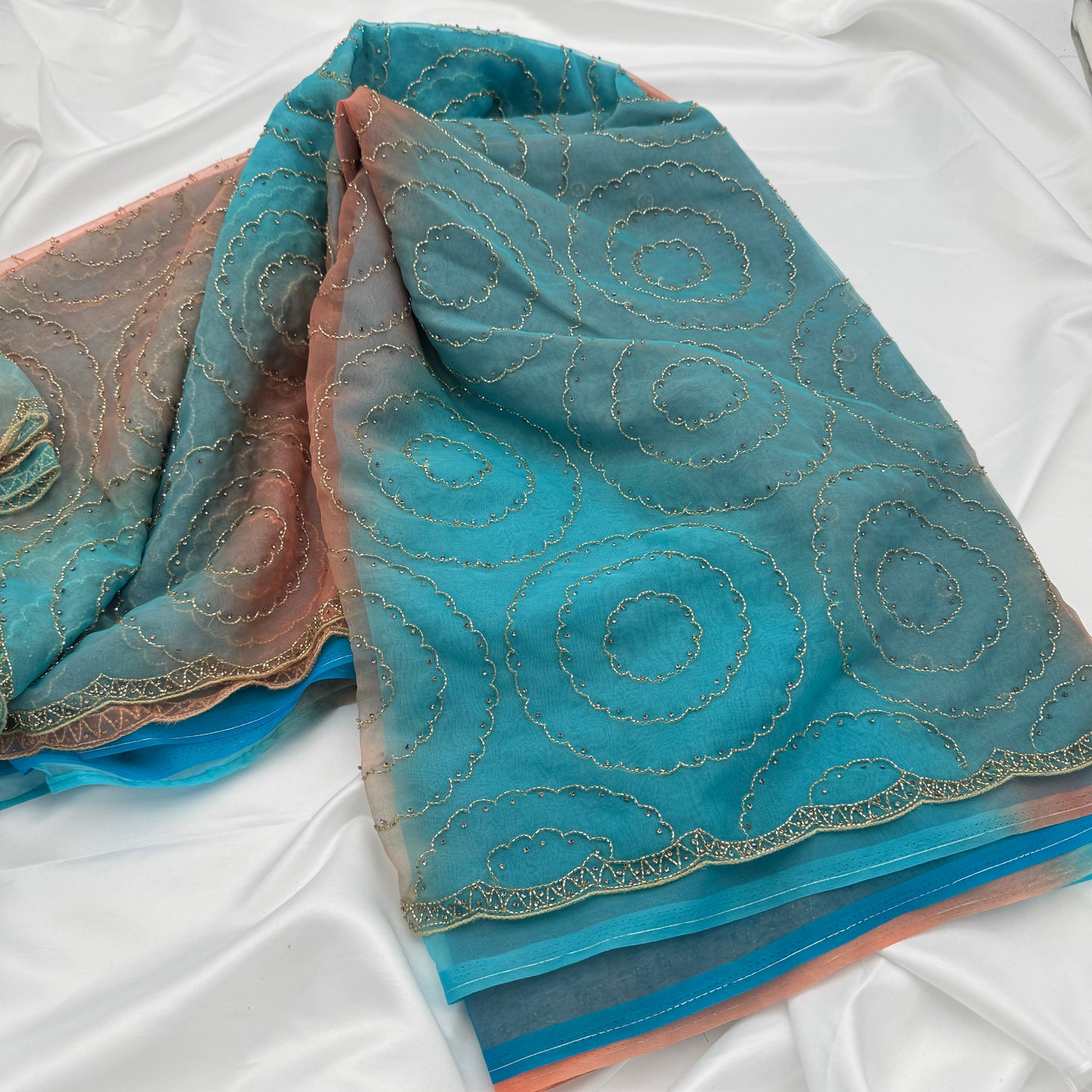 Blue Organza Sequins Saree