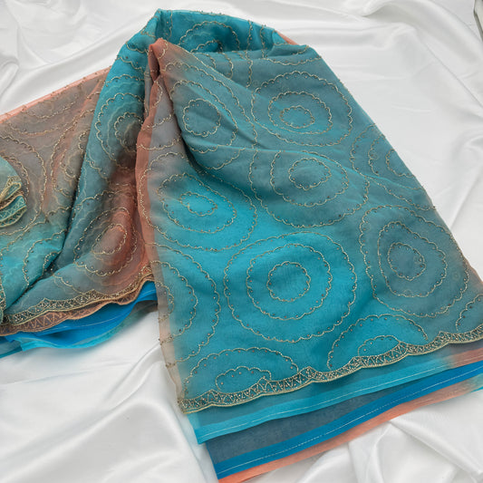 Blue Organza Sequins Saree
