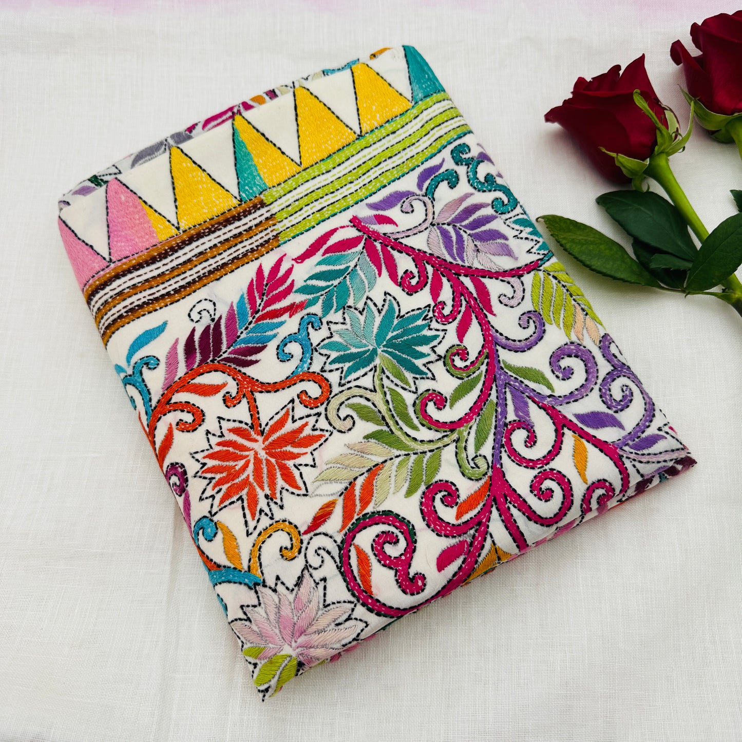 White Silk-blend Kantha Saree