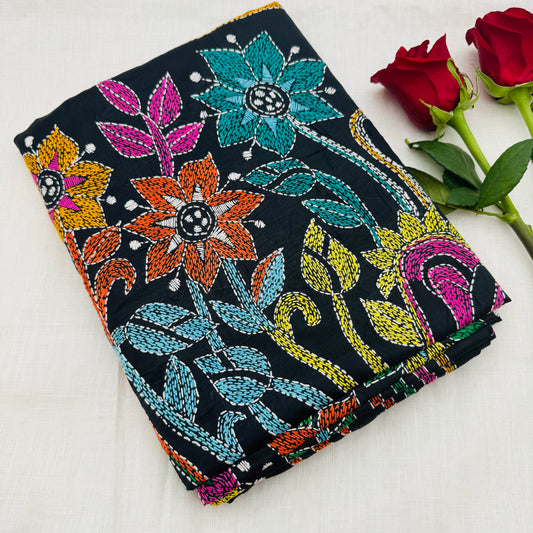 Black Silk-blend Kantha Saree