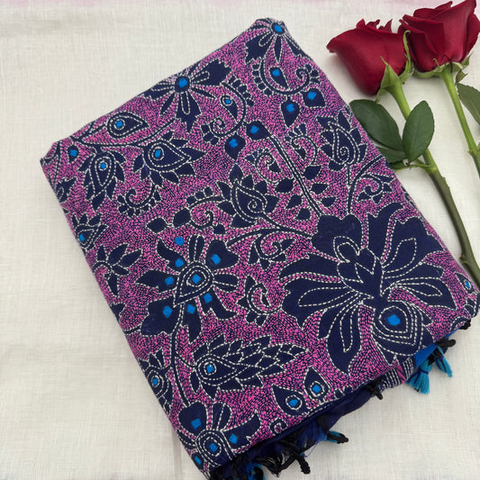 Blue Cotton Kantha Saree