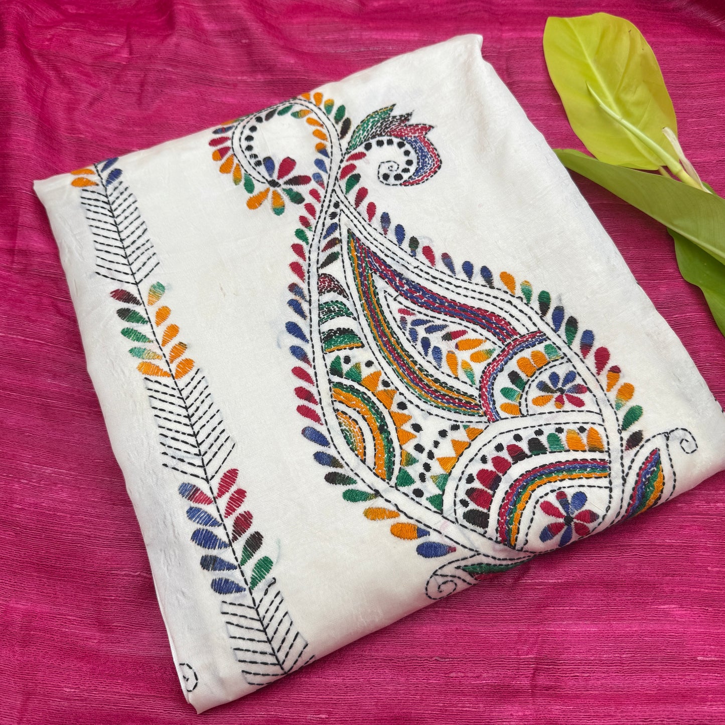 White Silk-blend Kantha Saree