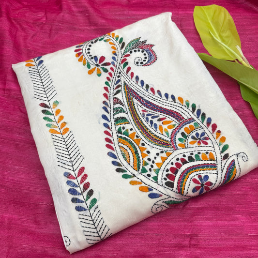 White Silk-blend Kantha Saree