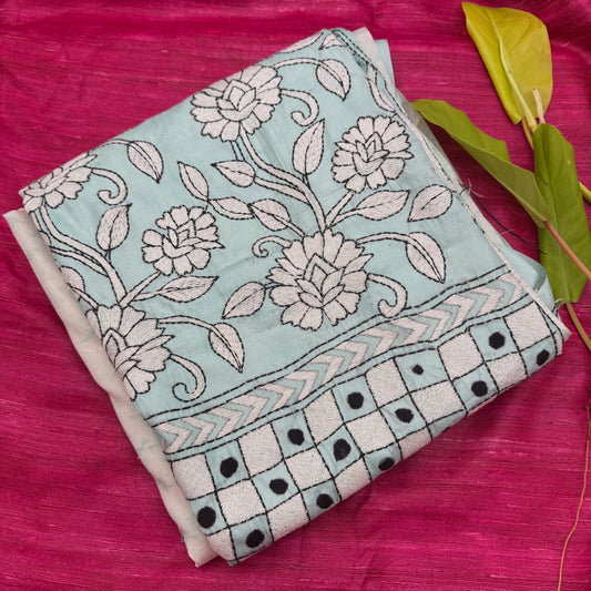 Blue Silk-blend Kantha-Batik Saree