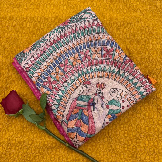 Pink Silk Madhubani-Handpainted Saree