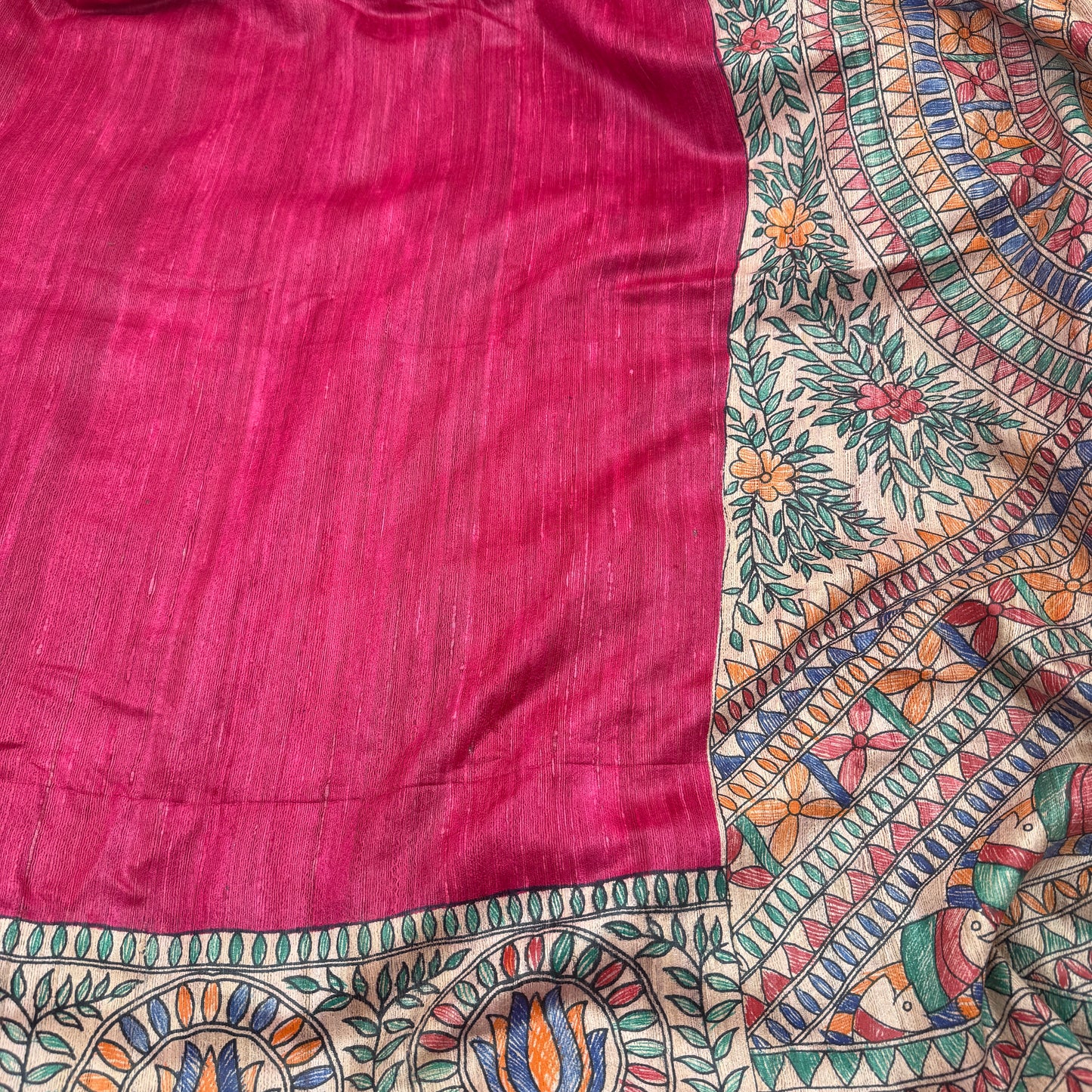 Pink Silk Madhubani-Handpainted Saree