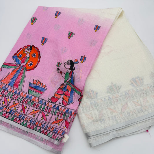 White Linen Madhubani-Handpainted Saree