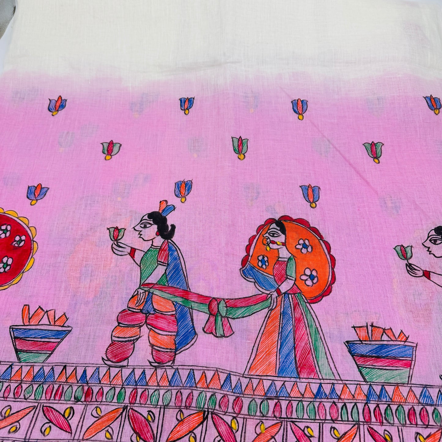 White Linen Madhubani-Handpainted Saree