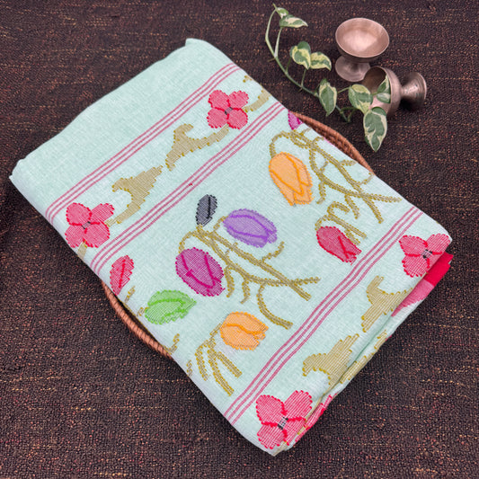 Mint-Green Cotton Handloom Manipuri Saree