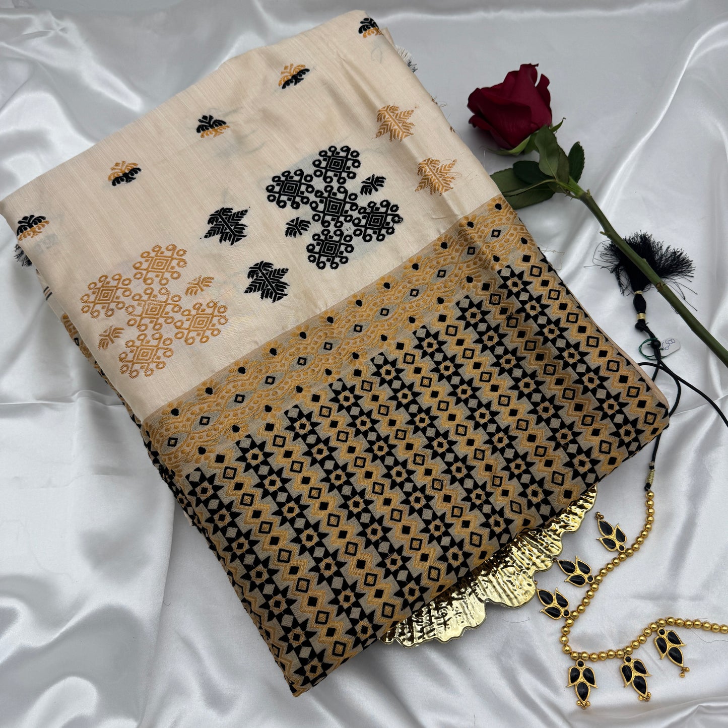 Assam Paat Silk Saree with Cream, Black and Gold Woven Motifs