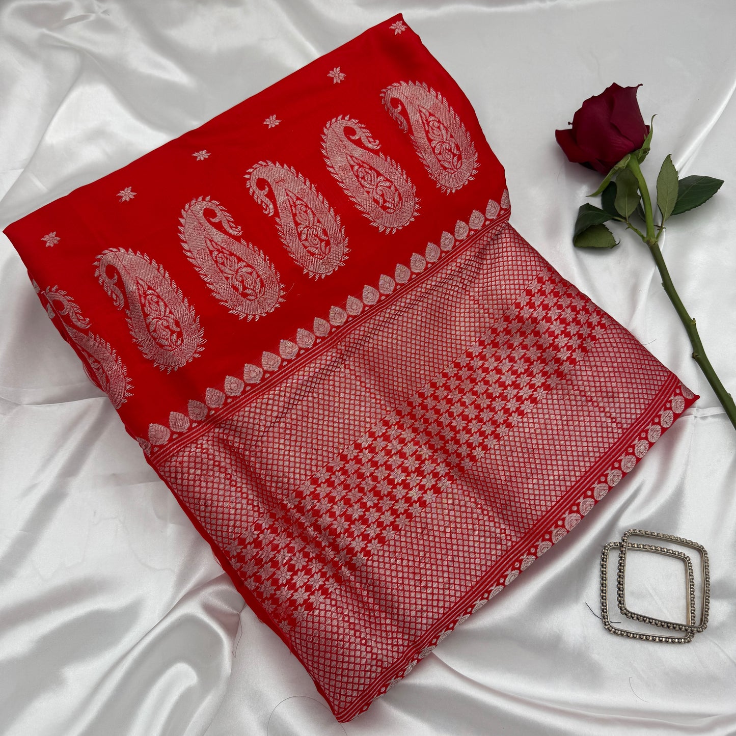Red Paat-silk Saree with Silver Zari-work