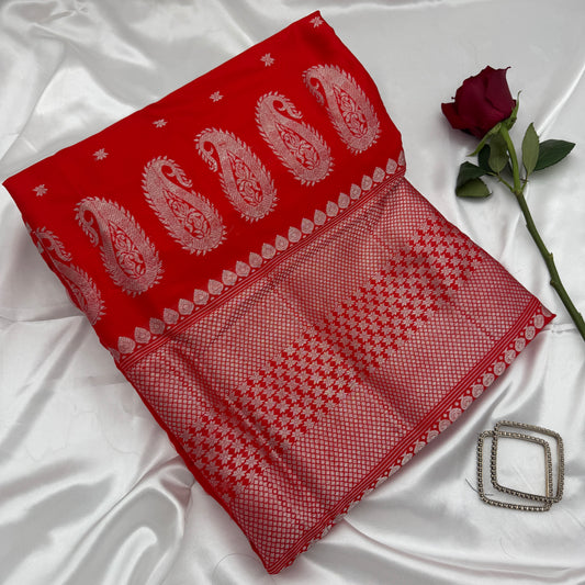 Red Paat-silk Saree with Silver Zari-work