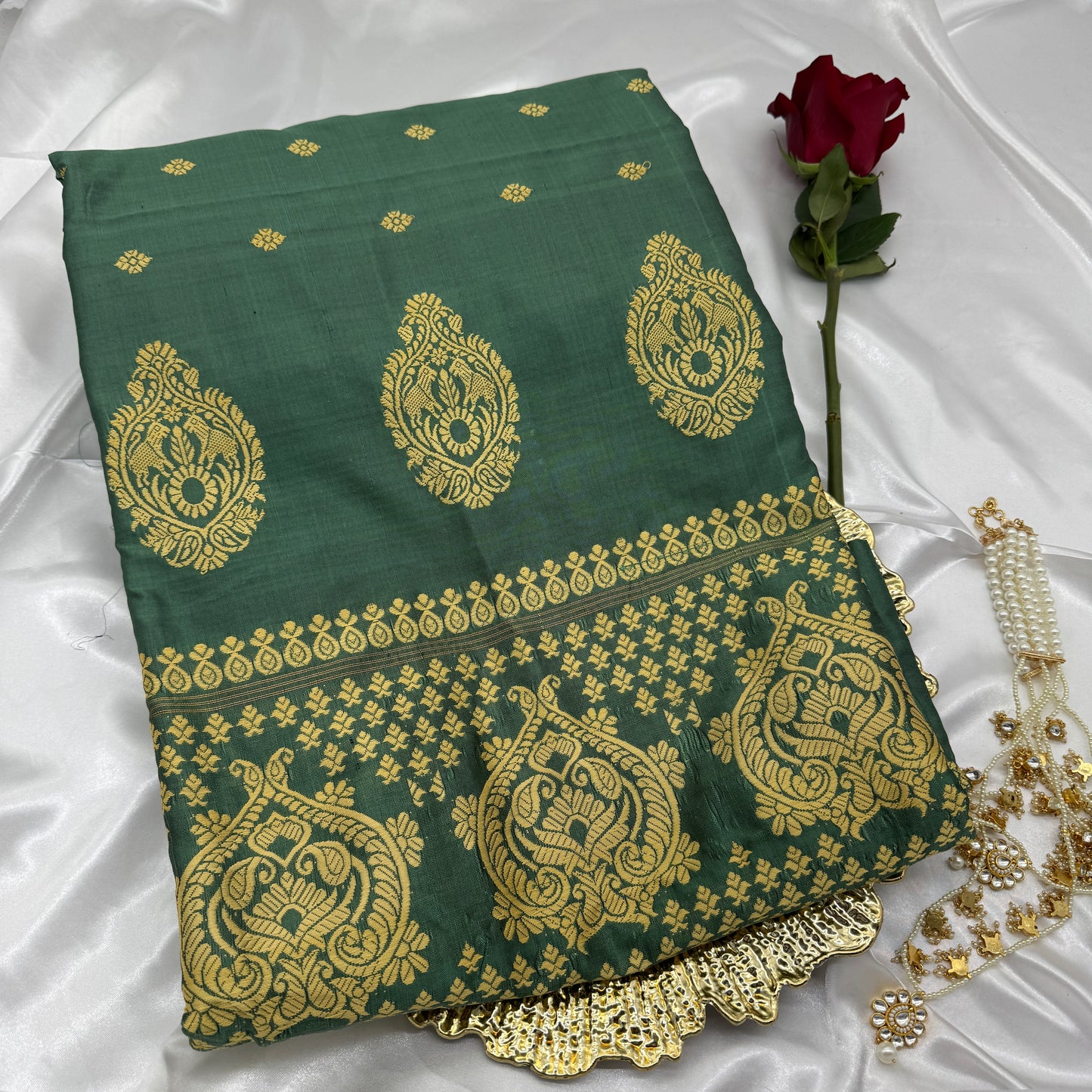 Green Paat Silk with Yellow Woven Motifs