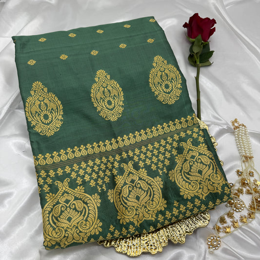 Green Paat Silk with Yellow Woven Motifs