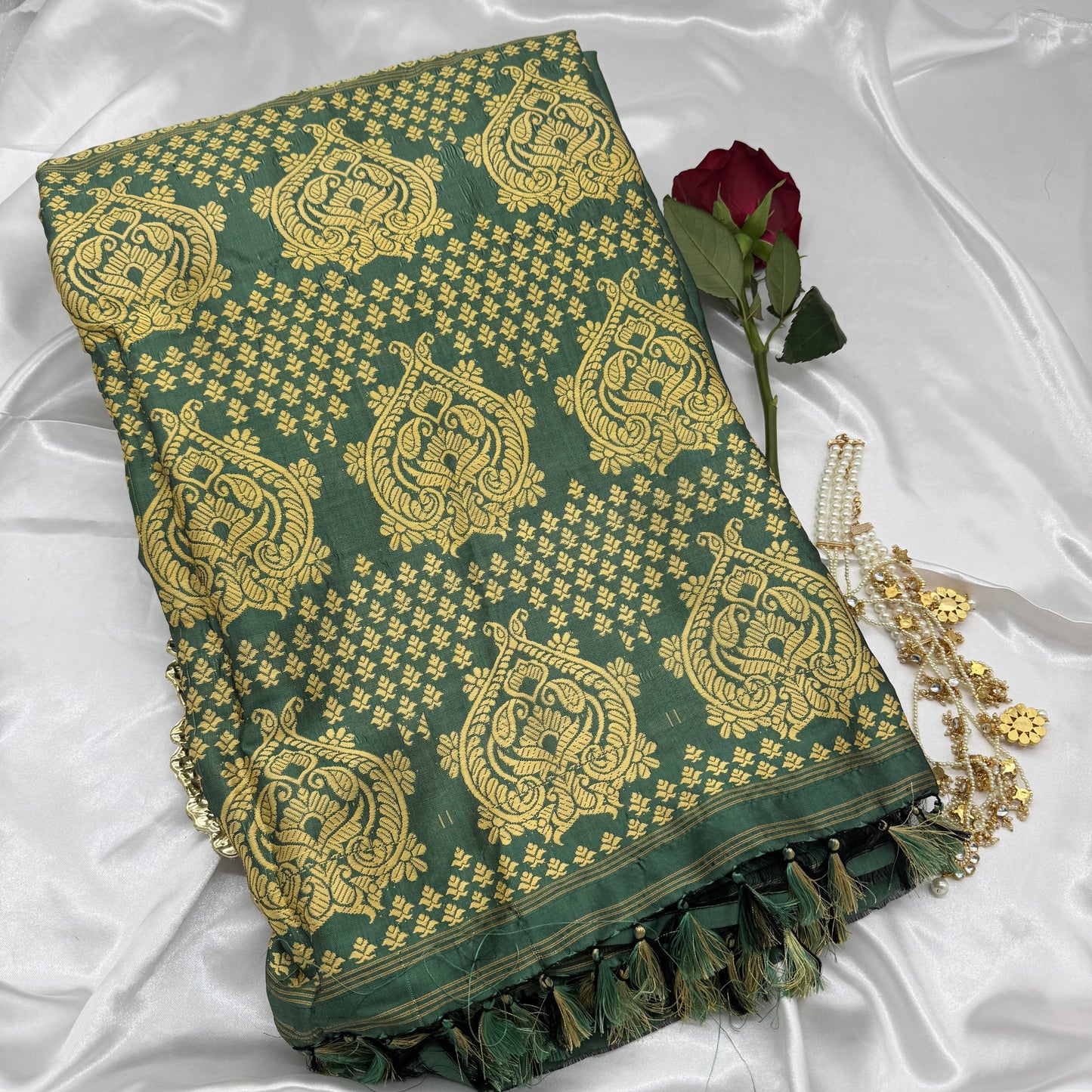 Green Paat Silk with Yellow Woven Motifs