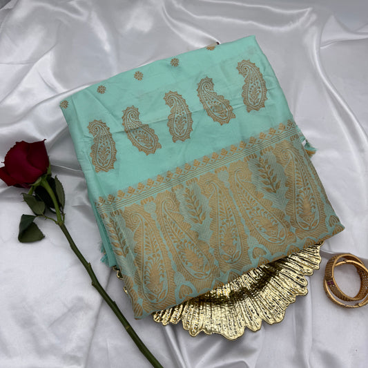 Aqua-blue Paat Silk Saree with Gold Zari-work