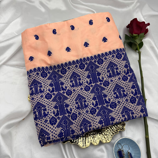 Peach Paat Silk Saree with Blue Threadwork