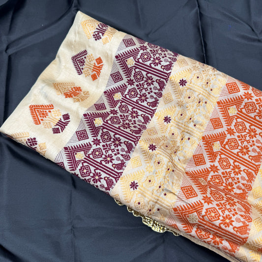 Assam Tussar Silk Saree in Maroon, Orange & Gold Woven Motifs