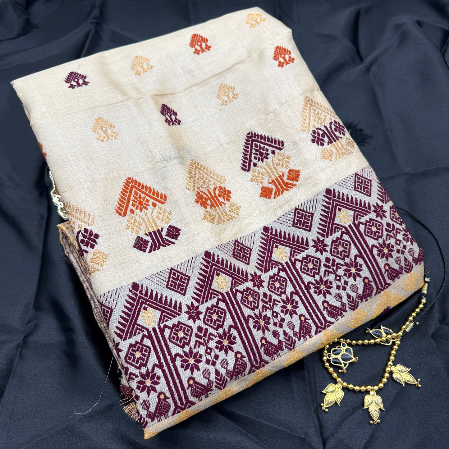 Assam Tussar Silk Saree in Maroon, Orange & Gold Woven Motifs