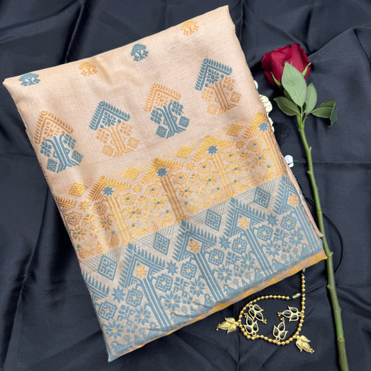 Tussar Silk Saree with Gold & Slate Blue Motifs
