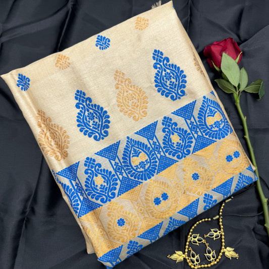 Assam Tussar Silk Saree with Royal Blue and Antique Gold Motifs