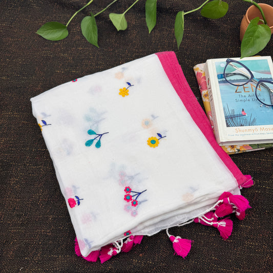 White Mul Cotton Embroidered Saree