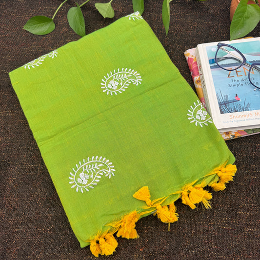 Lime Green Khadi Cotton Saree with Paisley Embroidered Motifs