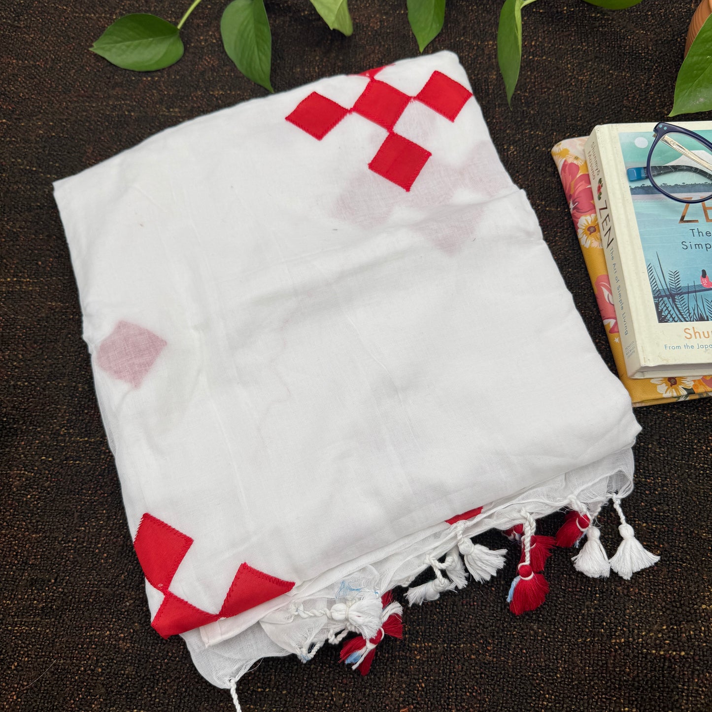 White Mul Cotton Applique Saree