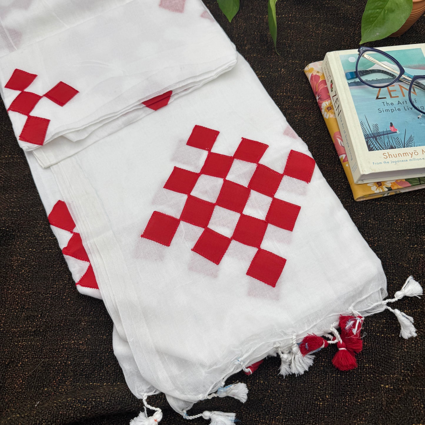 White Mul Cotton Applique Saree